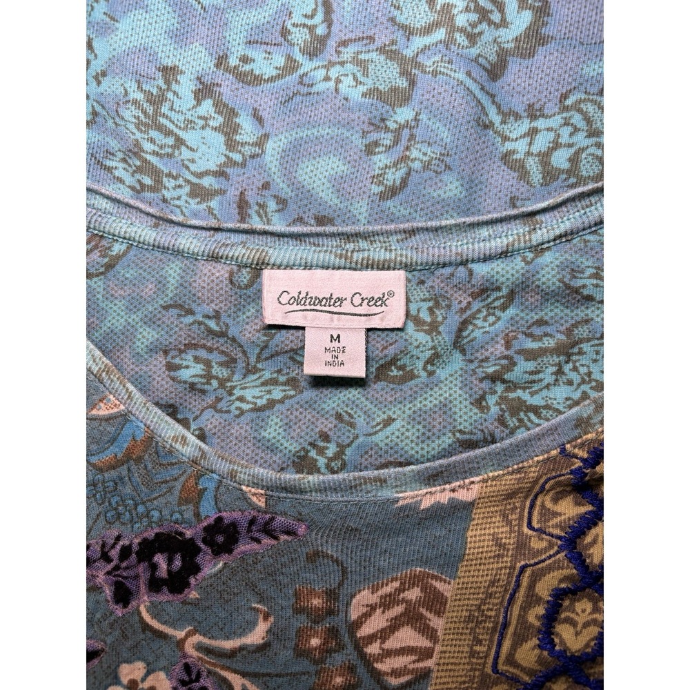 Vintage Grunge Y2K Textured Patchwork Lace Print 3/4 Sleeve Top Teal Tan M - Picture 6 of 12